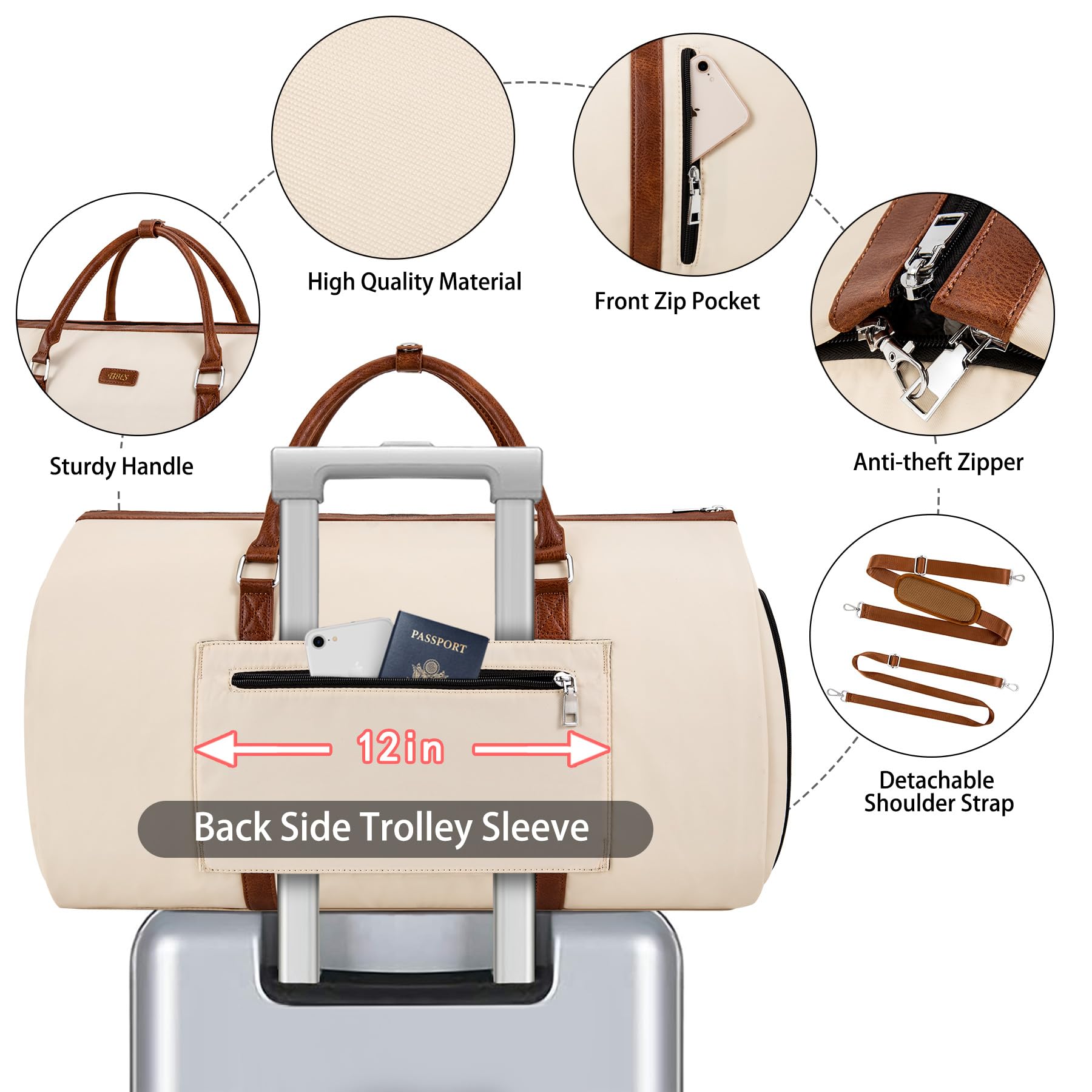 4pcs Convertible Garment Duffel Bag for Travel - 50L 2-in-1 Carry On Weekender Overnight Bag with Toiletry Bag, Fits Suits & Dresses, Trolley Sleeve, Hanging Suit Compartment, Waterproof Shoe Pocket