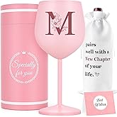 Lifecapido Personalized Gifts for Women, M Initial Gift Stainless Steel Custom Wine Glasses with Wine Bag and Card, Initial Birthday Christmas Monogrammed Gifts for Women