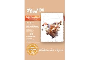 Fluid 100 Watercolor Paper Block, 4 x 6 inches, 10 Sheets, 300 lb (640 GSM) 100% Cotton Cold Press Pad for Artist Painting an
