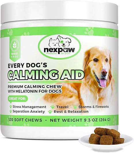Amazon Com Nexpaw Calming Treats For Dogs With Melatonin Best For Anxiety From Separation Thunder Travel Safe Natural Aid Canine Stress Helper 120 Wheat Free Soft Chews Dogs Love Pet Supplies