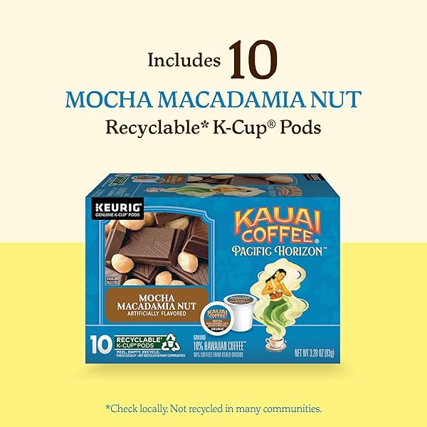 KAUAI COFFEE K-CUP PODS FOR KEURIG BREWERS – ARABICA COFFEE, 10% HAWAIIAN – MEDIUM ROAST, SAVORY AND CHOCOLATEY AROMA – MOCHA MACADAMIA NUT, 1 PACK OF 10 SINGLE SERVE K-CUPS