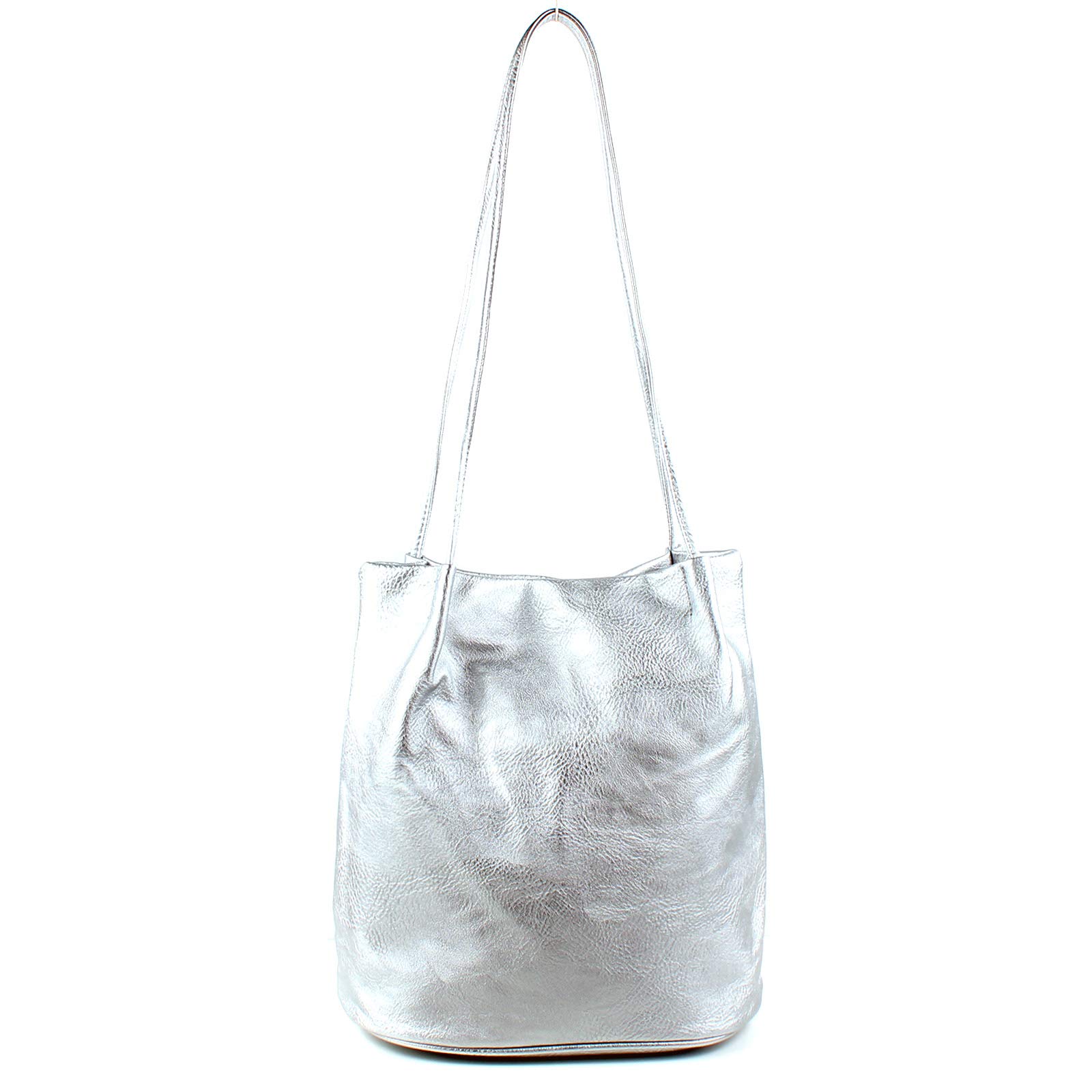 AOSSTA Womens Tote Bag Fashion Designer Medium Size Plain Soft Faux Leather Hobo Shoulder Handbag Bucket Bags (A6773 Silver)