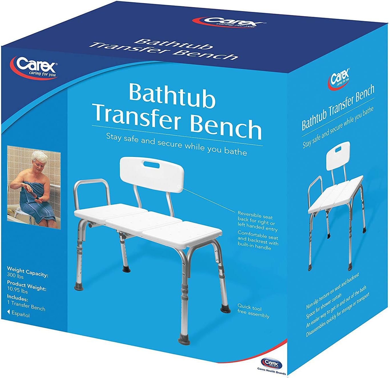 Carex Tub Transfer Bench - Shower Chair Transfer Bench with Height Adjustable Legs - Convertible to Right or Left Hand Entry: Health & Personal Care