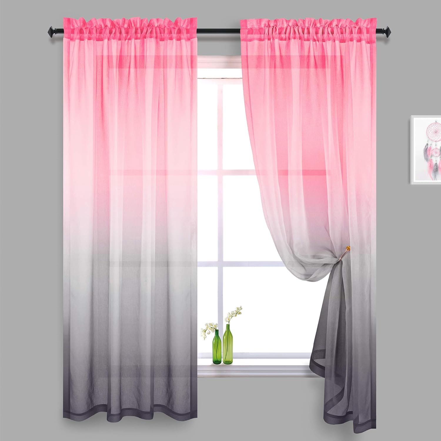 KOUFALL Pink and Grey Curtains for Bedroom Decor Set of 2 Panels Rod Pocket Ombre