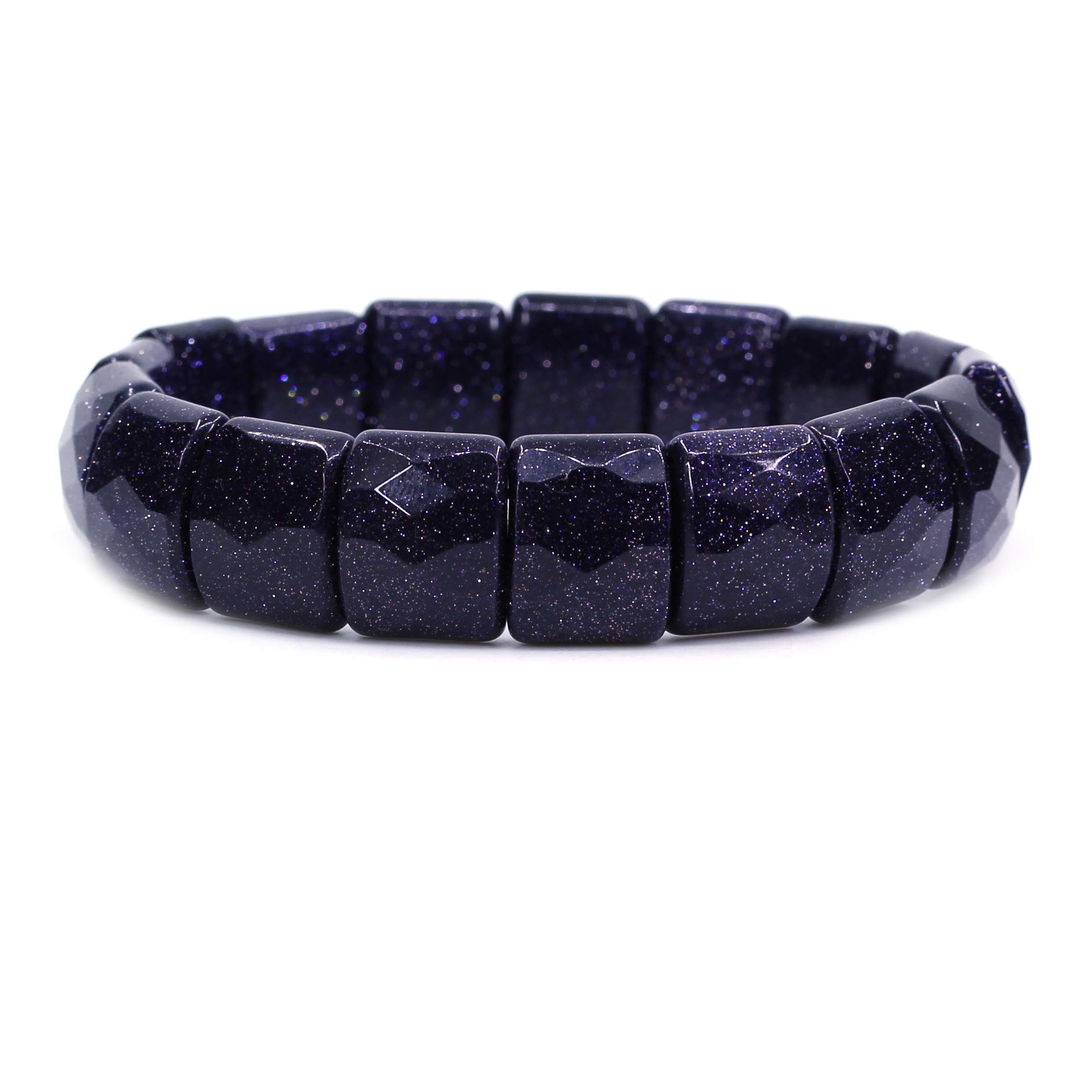 CHENYUE Synthetic Blue Sandstone Gem Semi Precious Gemstone 15mm Faceted Square Grain Beads Stretch Bracelet 7.5 Inch