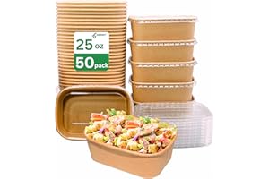 Disposable Soup Bowls w/Lids 750ml, 50Sets Square Paper Salad Bowls to Go, 25OZ Non-Spill Meal Prep Food Container Box for Re