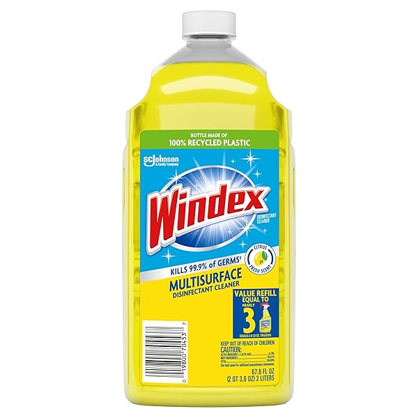 WINDEX REFILL MULTIPURPOSE DISINFECTANT CLEANER SPRAY, BOTTLE MADE FROM 100% RECYCLED PLASTIC, SURFACE CLEANING SPRAY, CITRUS FRESH SCENT, 2L (67.6 FL OZ)
