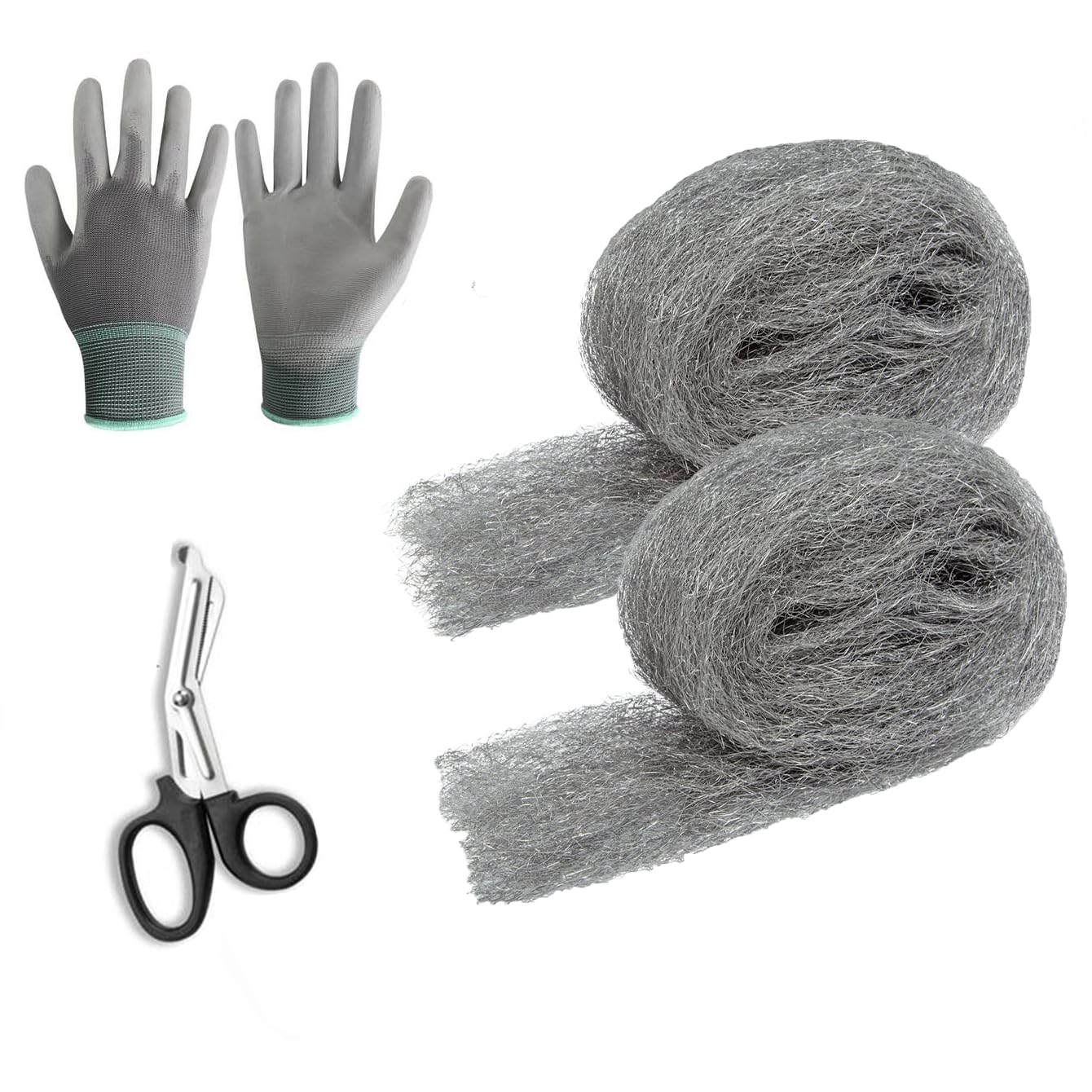 Steel Wool Mice, 2Pack of 5m Steel Wire Wool Hole Filler, Gap Blocker, Barrier Protect Against Animals in Holes, Holes Siding Pipeline Vents for Garden House Garage - Includes Work Gloves Scissor