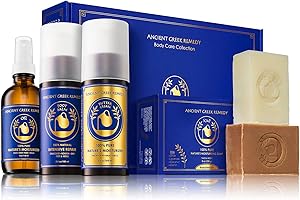 ANCIENT GREEK REMEDY Organic Skin Care Gift Set, Spa Gifts for Women and Men - Lavender Scented Bath and Body Gift Basket with Body oil, Facial Cream, Foot Lotion and 2 Soap Bars with Soap Holder