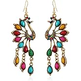 Peasimy Vintage Bohemian Peacock Teardrop Tassel Dangle Drop Earrings for Women Sparkling Crystal Phoenix Bird Statement Earrings Jewelry