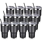 DOMICARE 30 oz Tumbler with Lid and Straw, Stainless Steel Tumblers Bulk, Insulated Vacuum Double Wall Travel Coffee Mug, Durable Powder Coated Tumbler Cups (Black, 12)