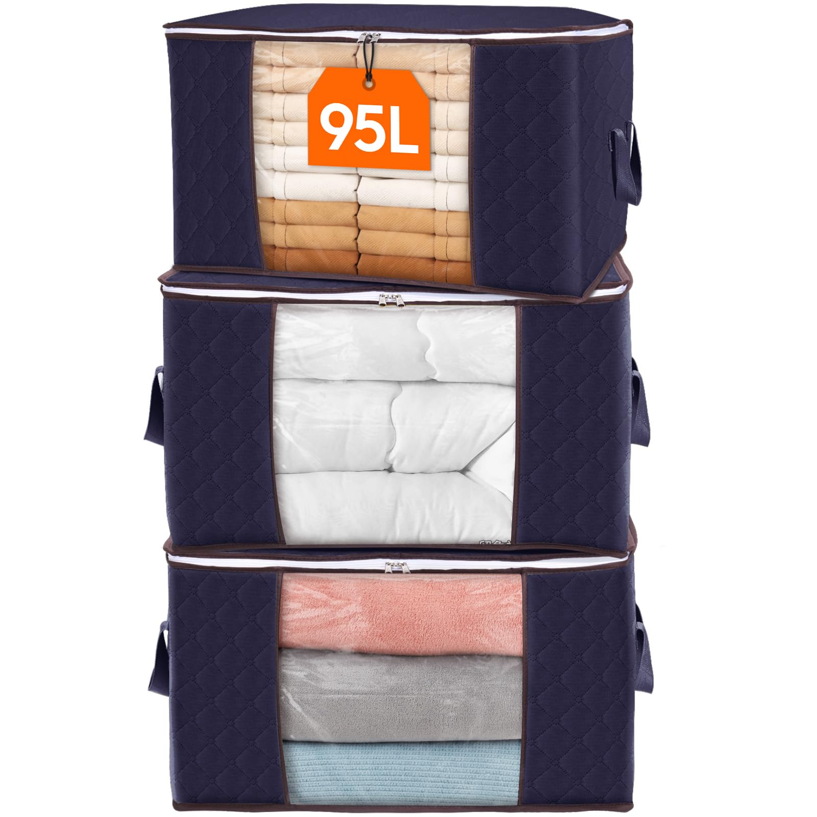 Lifewit 95L Clothes Storage Bags Large Storage Box With Lid Packing Boxes for Moving House With Reinforced Handle Thick Fabric Clear Window for Clothes Duvet Blankets Bedding, 3 Pack, Blue