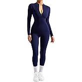 SUUKSESS Women Long Sleeve Ribbed Jumpsuit Zip up Front Workout Bodycon Romper