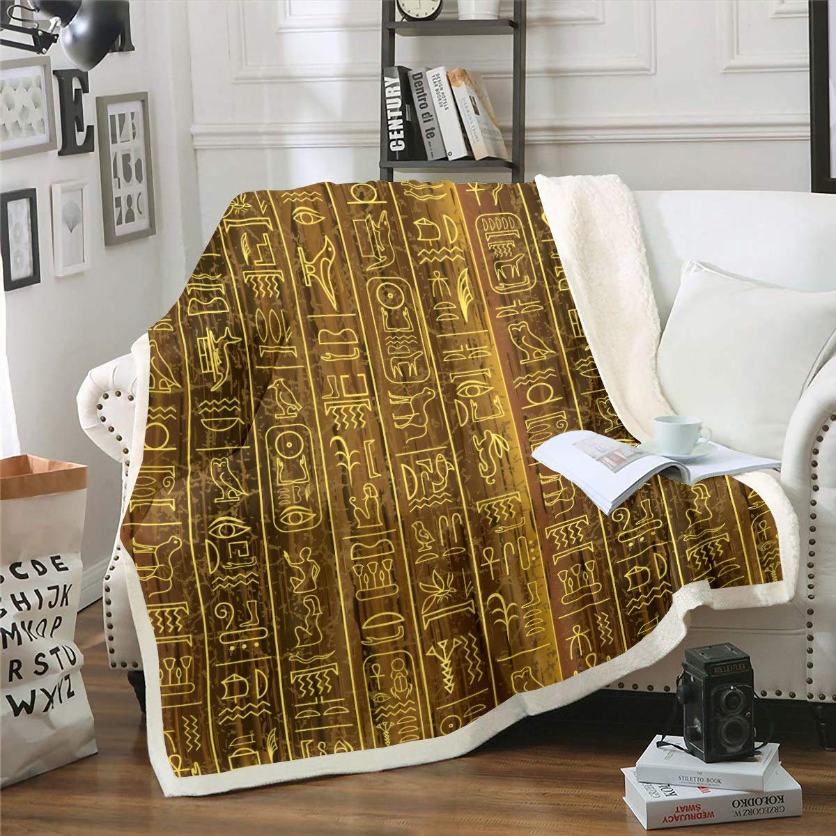 Loussiesd Ancient Egypt Fuzzy Blanket Egyptian Wall Pattern Sherpa Blanket for Sofa Bed Couch Ultra Soft Egypt Culture Fleece Throw Tribal Bed Decor Double 60"x79"