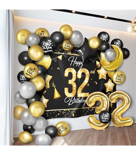 Party Deko Für Männer Frauen Deko 32. Geburtstag Schwarz-Gold – Ballons, Banner & Folienballons, Party-Set Für Männer & Frauen