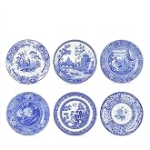 Spode Blue Room Georgian Plate Set, Set of 6 - Decorative 10.5-Inch Earthenware Plates Featuring Botanical &amp; Historic Designs - Vintage Dinnerware Set for Dining or Display - Made in England