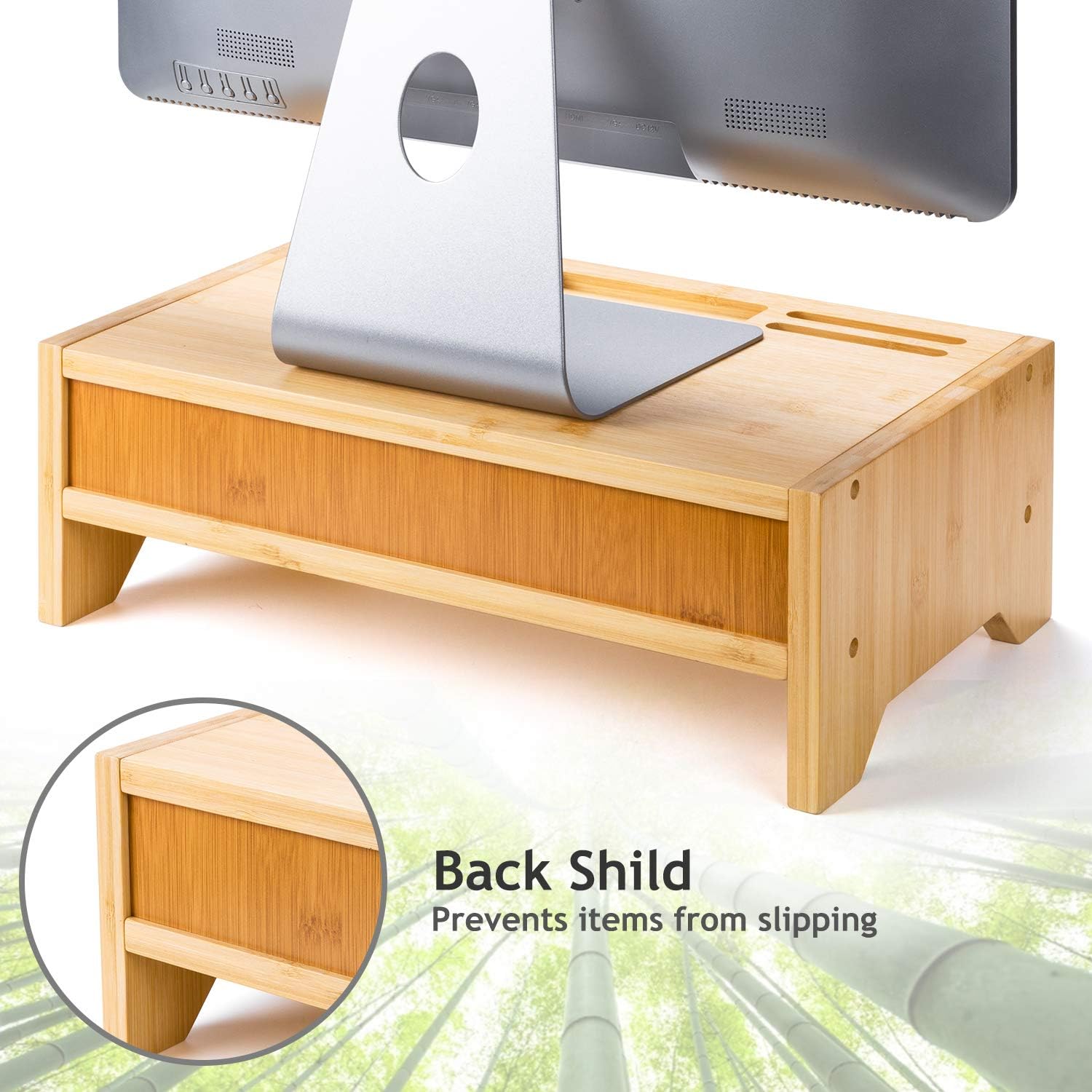 2-Tier Bamboo Desk Monitor Riser Stand - Desk Storage Organizer for Home and Office Computer Desk Laptop Cellphone Printer Stand Desktop Container by AMADA HOMEFURNISHING : Office Products