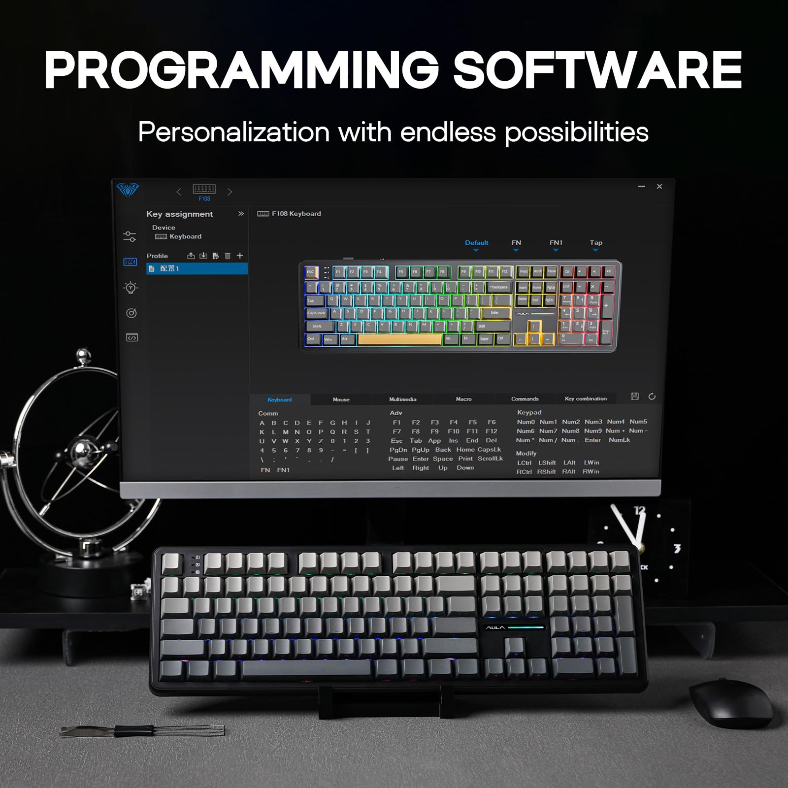 EPOMAKER AULA F108 Wireless Gaming Keyboard Full Size Mechanical Keyboard with 8000mAh Battery, 108 Hot Swappable Programmable Keys RGB Backlight for Mac/PC/Android Certified (Black Gradient, Graywood
