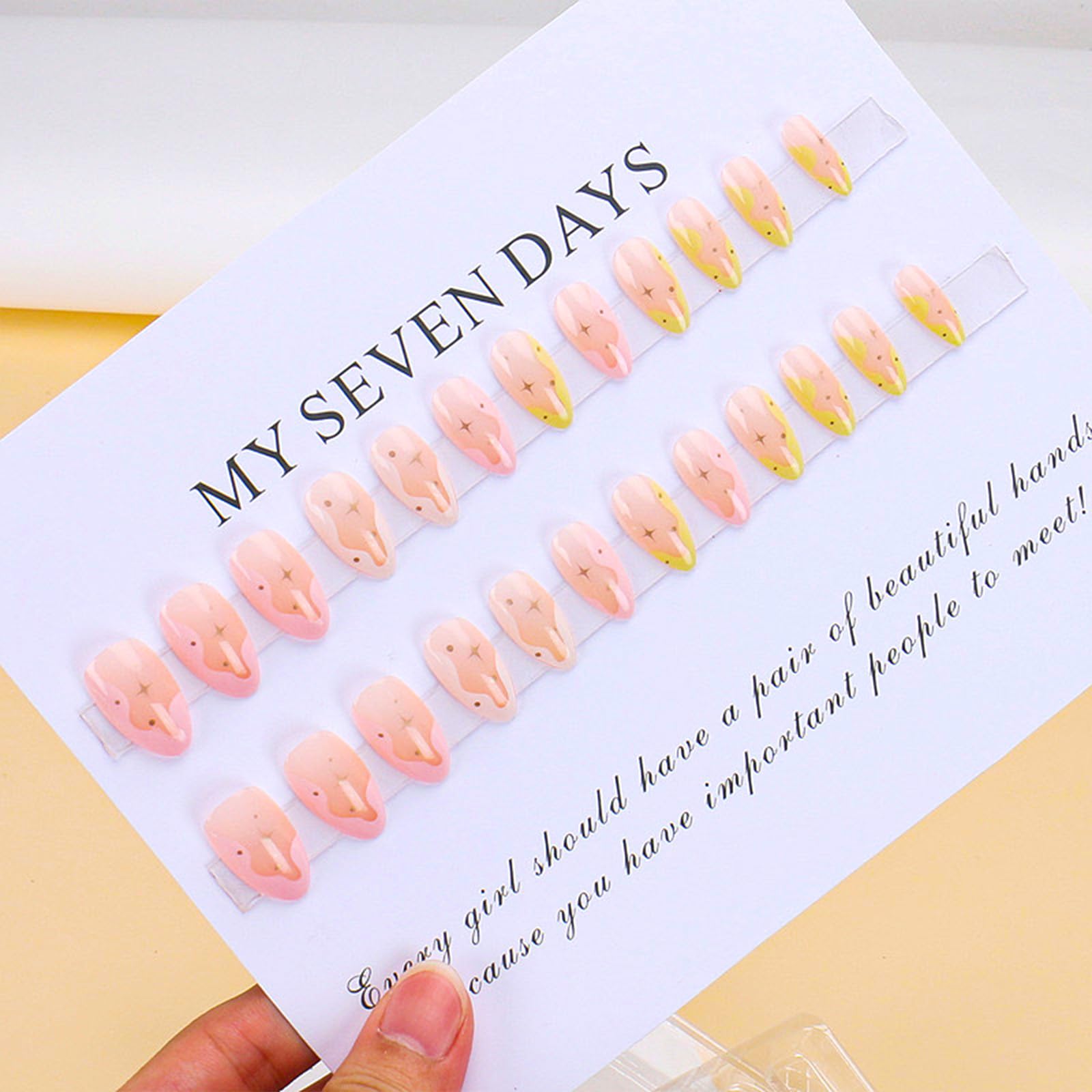 TOGZOM Almond Press on Nails Short French Fake Nails Cute Star Acrylic Nails Colorful Nails Tips Glossy Artificial Nails Cream Edge Designs Glue on Nails for Women Girls Manicure 24Pcs, Style6 - Image 4