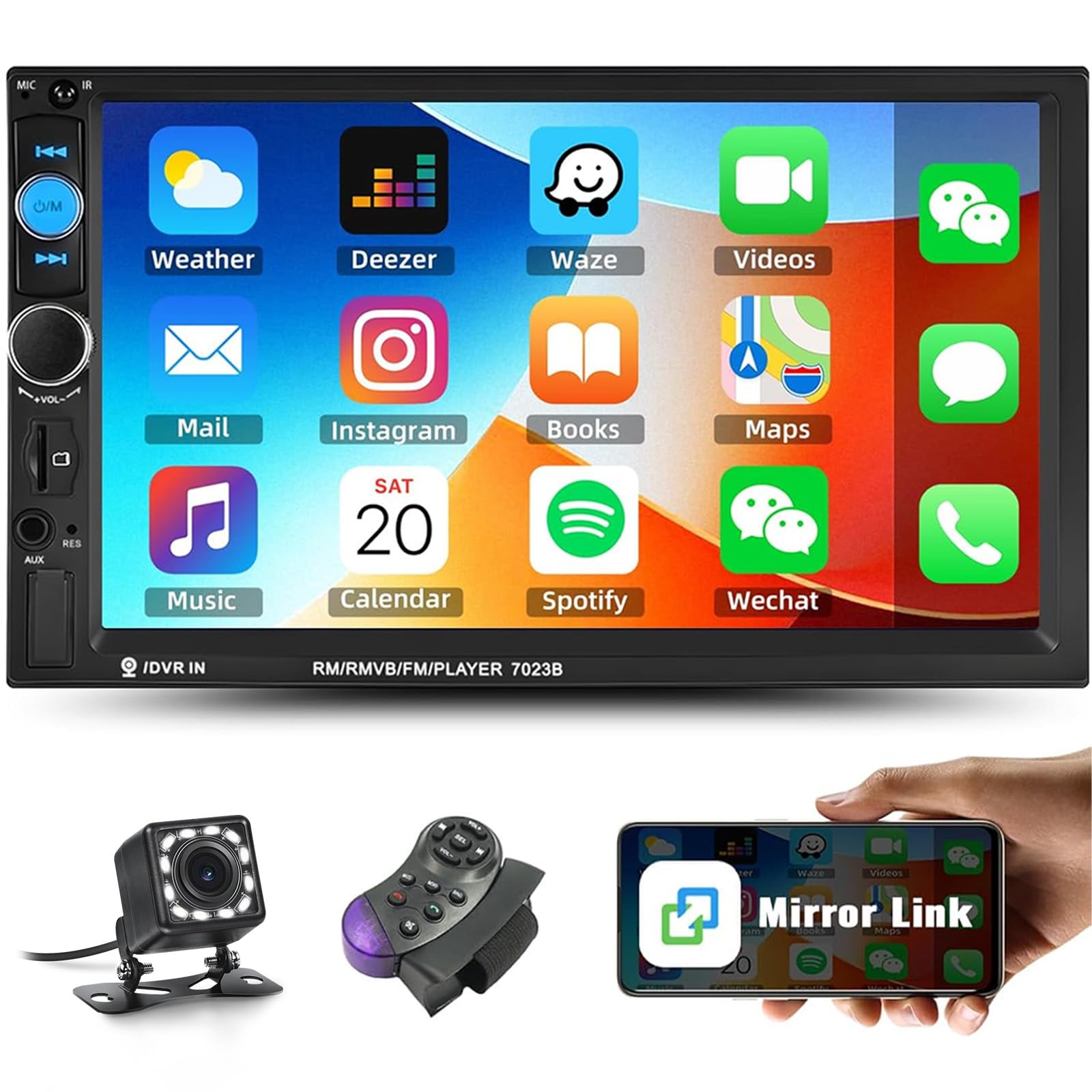 CAMECHO 2 Din Car Stereo with Bluetooth, 7 Inch HD Touch Screen Car Radio Mirror Link Bluetooth Hands Free FM Radio SWC AUX USB SD EQ MP5 Car Player with Frame +12LED Backup Camera