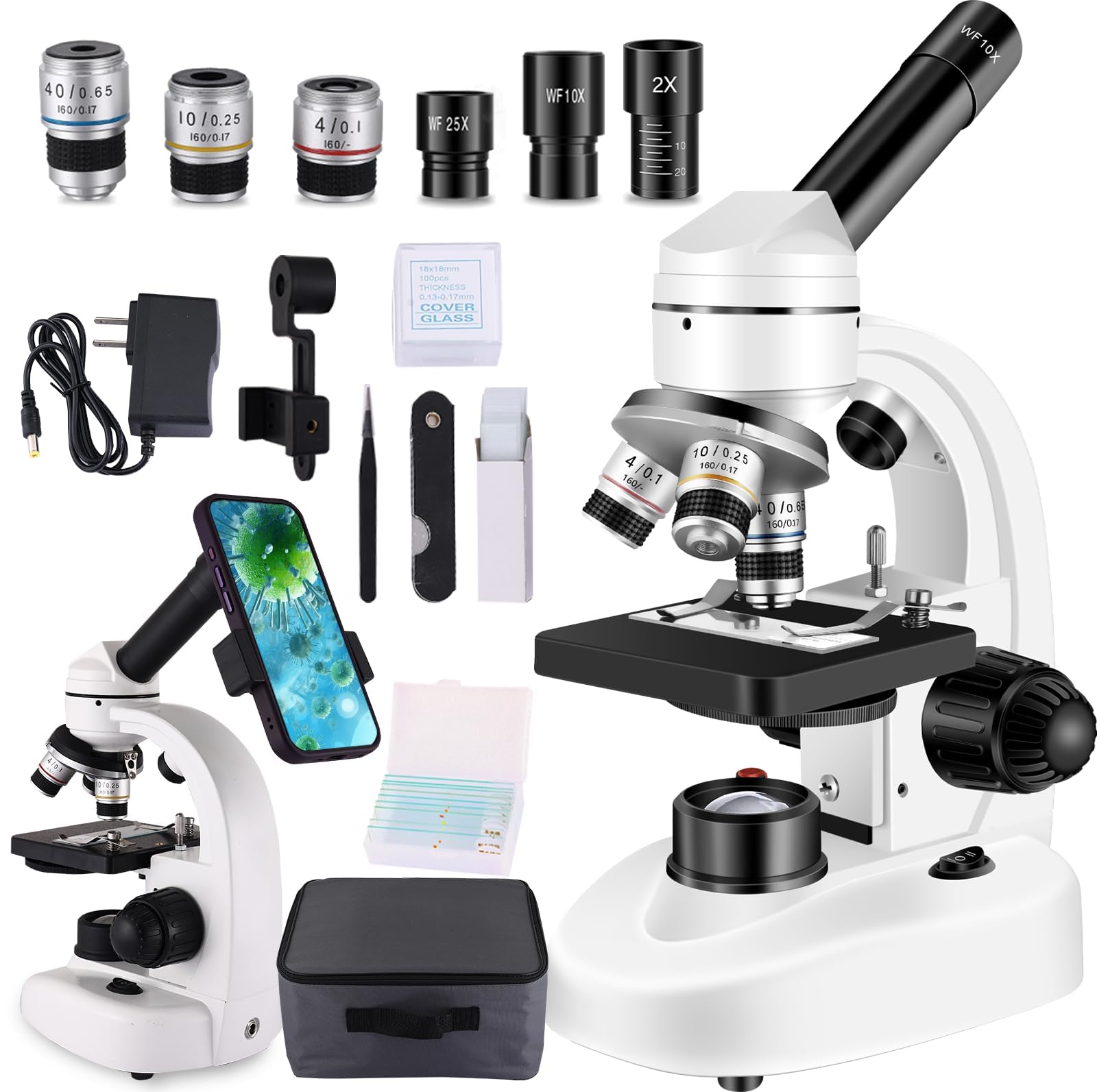 Photo 1 of Woehrsh Compound MicroscopeWF10x and WF25x Eyepieces, Slides for Students, Home School Lab Microscope for Adults Suitable for Laboratory School (Bright White)