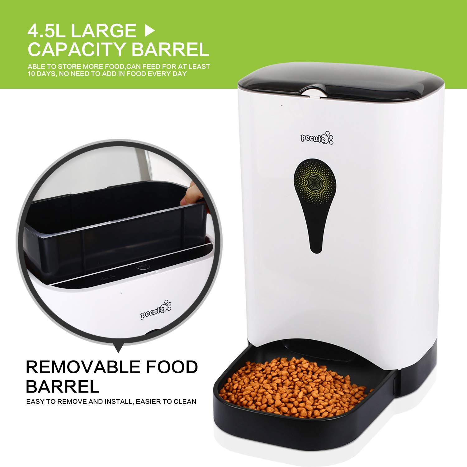 Pecute Automatic Pet Feeder 4.5L Food Dispenser for Dogs,Cats & Small Animals -Portion Control & Voice Recording,Timer Programmable Up to 9 Meals a Day