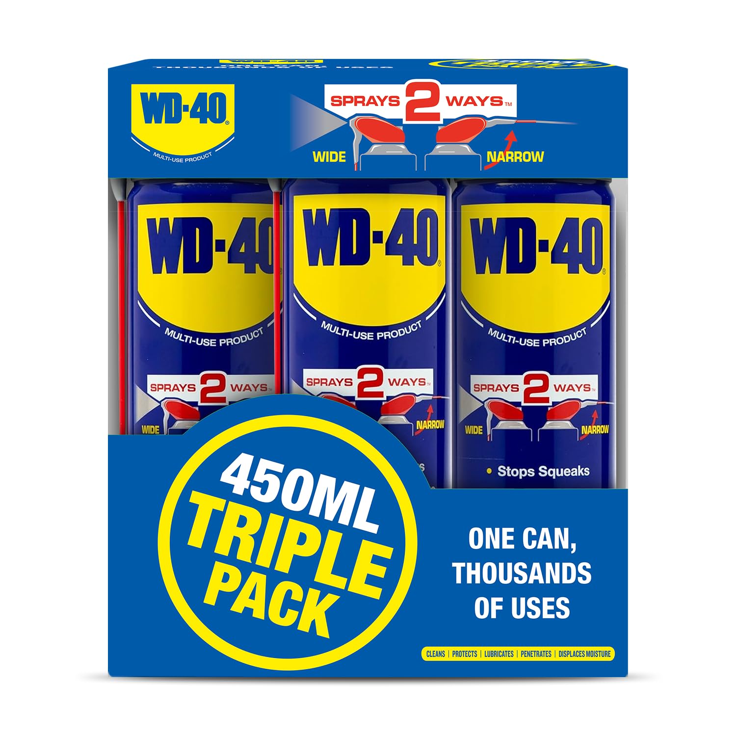WD-40 Multi Use Lubricant Spray 450ml Triple Pack, Wide and Narrow Smart Straw, WD40 Value Pack for Maintenance, Water Displacement, and Rust Protection