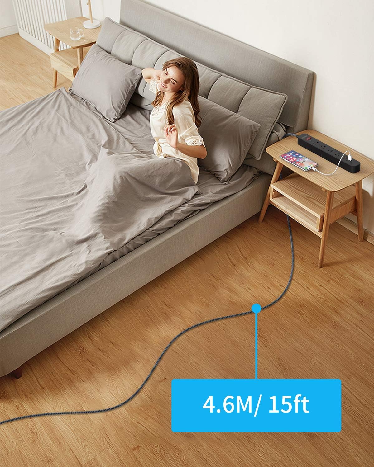 Surge Protector Power Strip with USB - NTONPOWER Flat Plug Power Strip Long Cord, 15 ft Braided Extension Cord, 4 Outlets 4 USB Desktop Charging Station, 1700 Joule, Circuit Breaker, for Home, Office: Home Audio & Theater