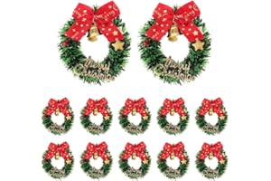 12pcs Mini Christmas Wreaths, 2.55in Miniature Christmas Wreath with Bow Bell for Xmas Tree Dollhouse Decoration (Green)