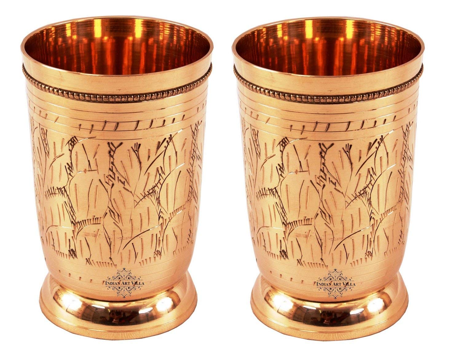 INDIAN ART VILLA Pure Brass Glass Tumbler with Etched Design, for Drinking Serving Water, Yoga & Ayurveda, Volume-250 ML, Set of 2