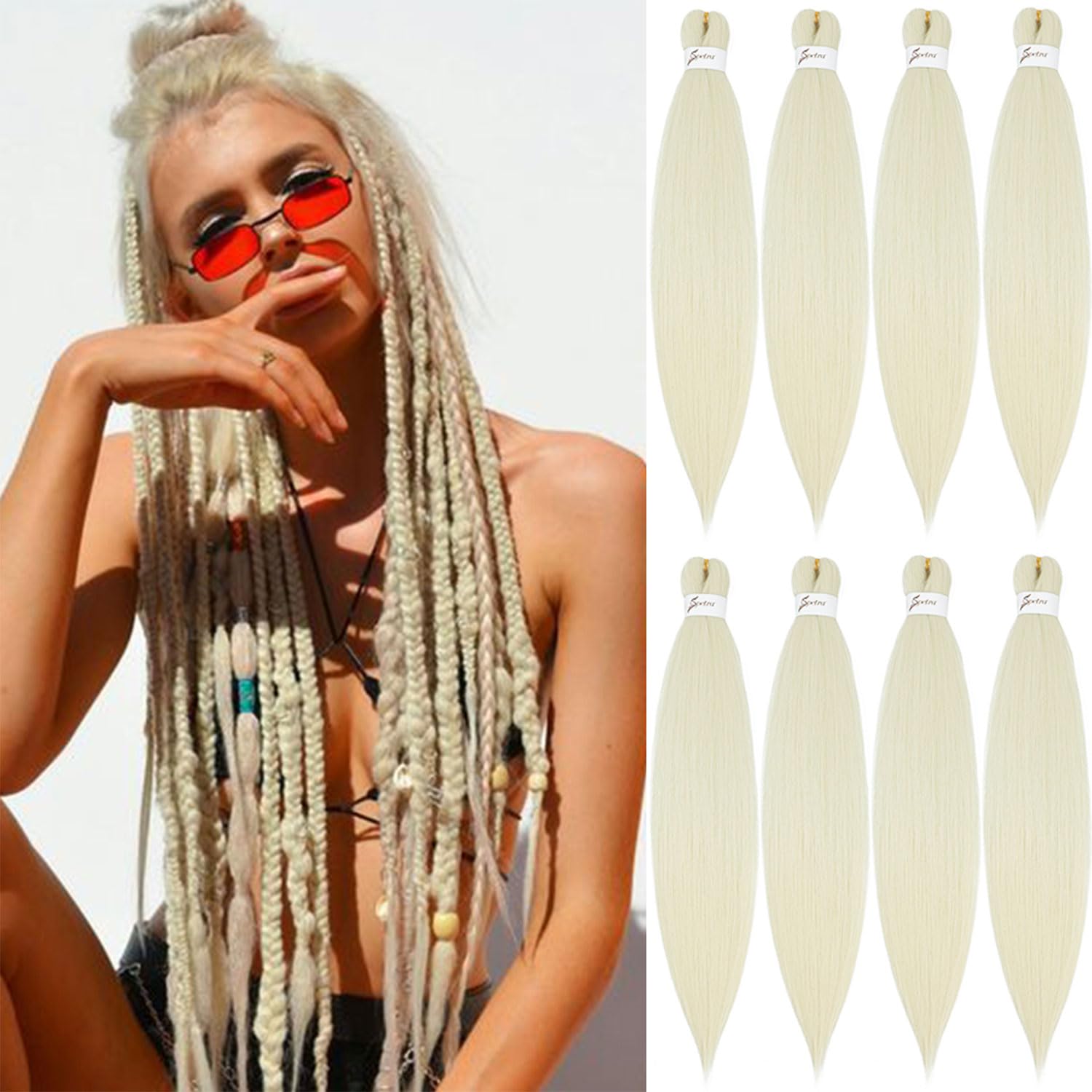 Photo 1 of [MULTI PACKS DEAL] Spetra Platinum Blonde Pre Stretched Braiding Hair Extensions 24 Inch - 8 Bundles Synthetic Crochet Braids 613 Knotless Natural EZ Box Braids Hair Professional Soft Yaki Straight