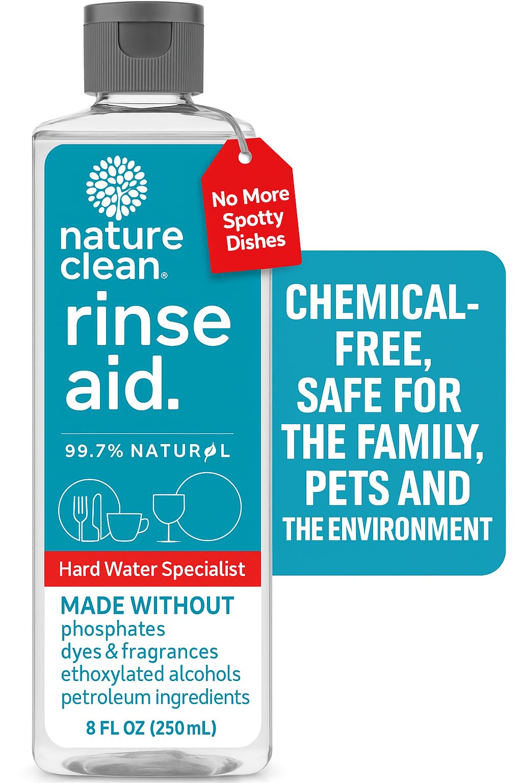Nature Clean All Natural Dishwasher Rinse Aid Cleaner, Liquid Dishwasher Rinse Agent for Spot-Free Glass & Cutlery in Hard Water, Non Toxic Dish Washer Rinse Aid & Stain Remover, 8 oz/250ml, Pack of 1