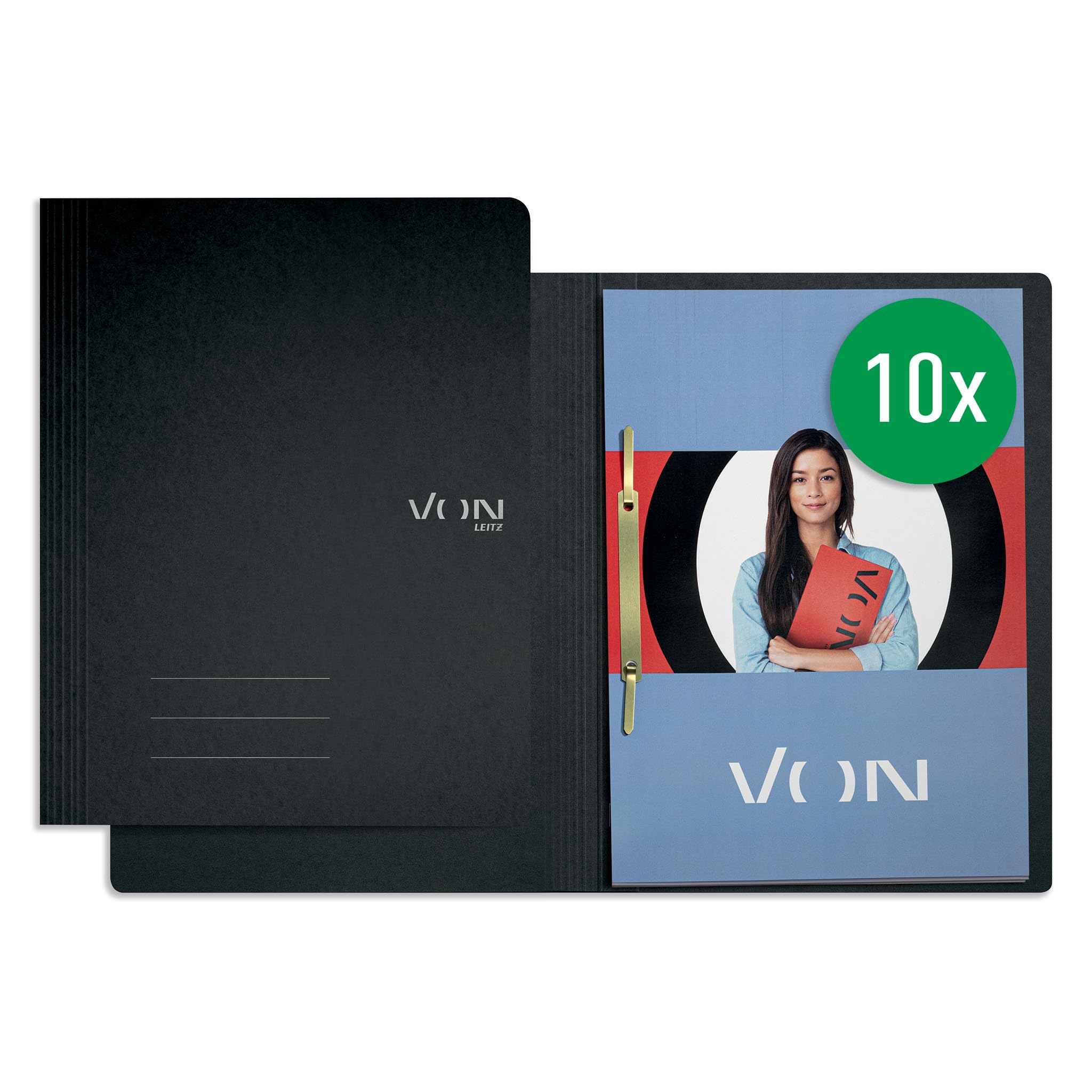 VON Leitz 30130095 Pack of 10 A4 File Folders, Cardboard, with Stapling Mechanism, for 250 Sheets, with Soft Cover, for School, Study and Home, Black
