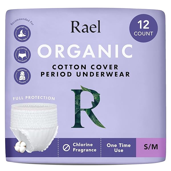 RAEL DISPOSABLE UNDERWEAR FOR WOMEN, ORGANIC COTTON COVER – INCONTINENCE PADS, POSTPARTUM ESSENTIALS, DISPOSABLE UNDERWEAR, UNSCENTED, MAXIMUM COVERAGE (SIZE S-M, 10 COUNT)