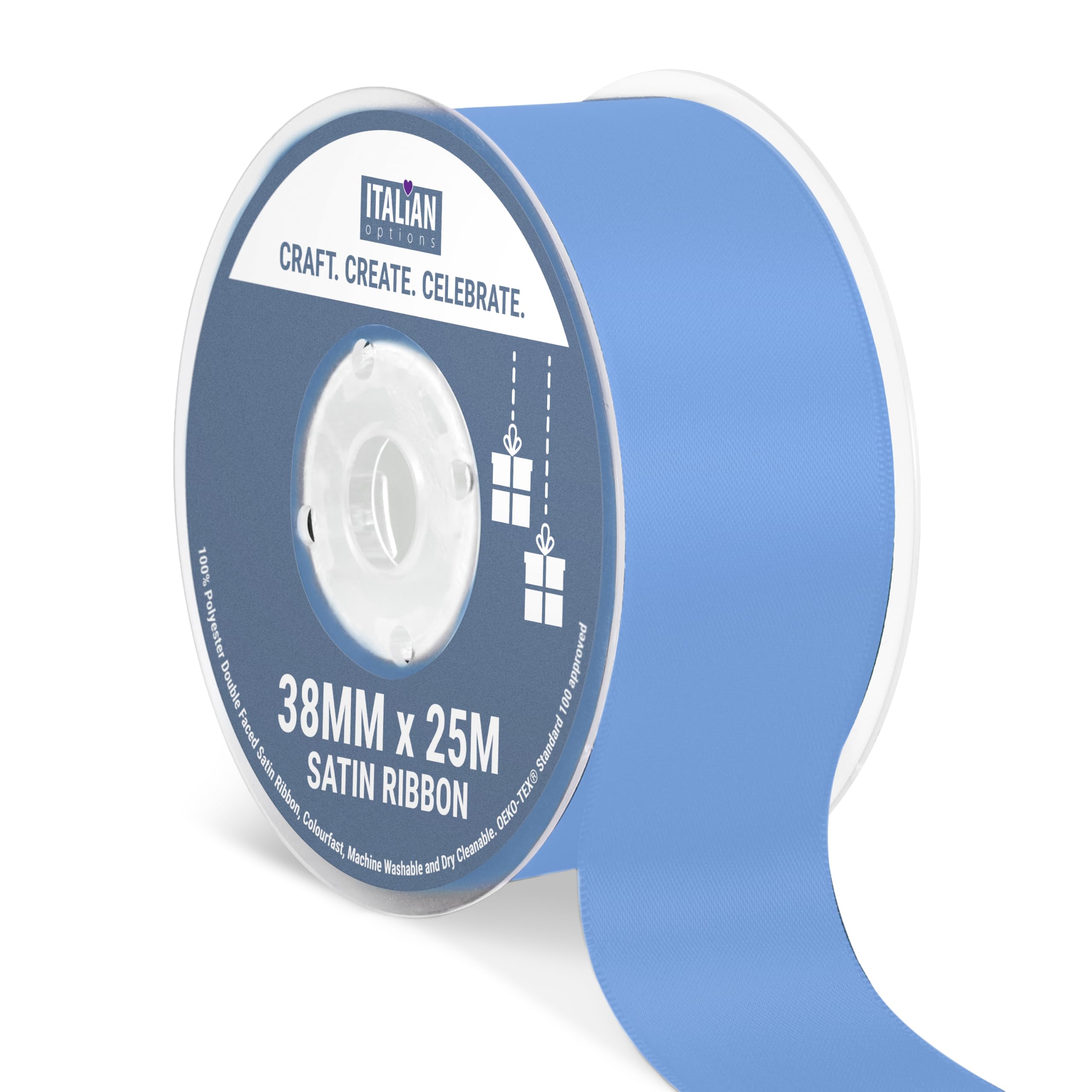 Italian Options Satin Ribbon, Fabric Ribbons for Gift Wrapping, Crafting, Balloons, Wedding Car, Presents, Cake, Christmas, Birthday, Gift Wrap Accessories, 38mm Wide x 25 Metre Roll, Smoke Blue