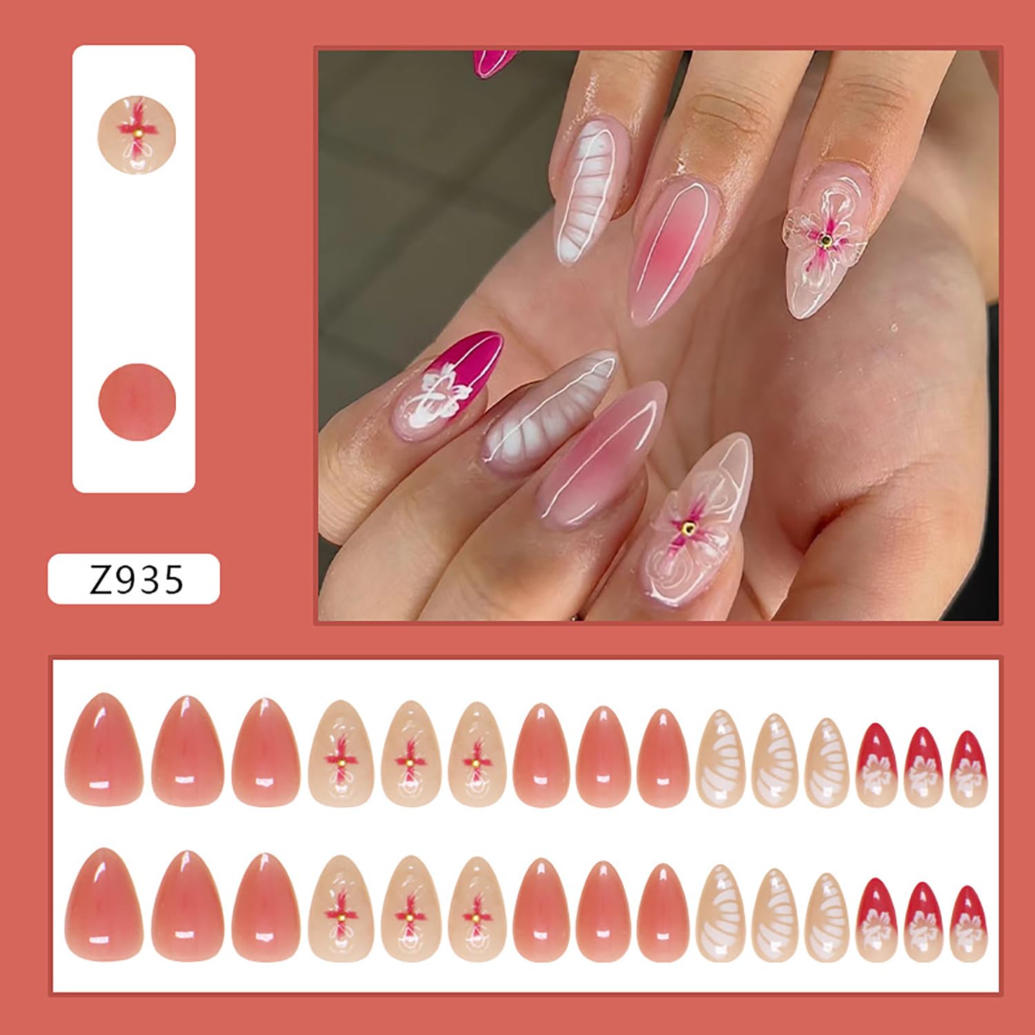 Spring Press on Almond Nails Medium Glossy Full Cover Almond French False Nails with Floral Designs Artificial Almond Shaped Fake Nails with Charms Glue Stick ons Fingernails for Women Girls(Z935) - Image 2