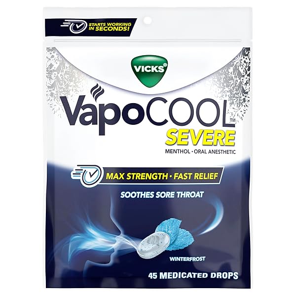 VICKS VAPOCOOL SEVERE MEDICATED SORE THROAT DROPS, MAX STRENGTH MENTHOL, SOOTHES SORE THROAT PAIN, WINTERFROST FLAVOR, 45CT