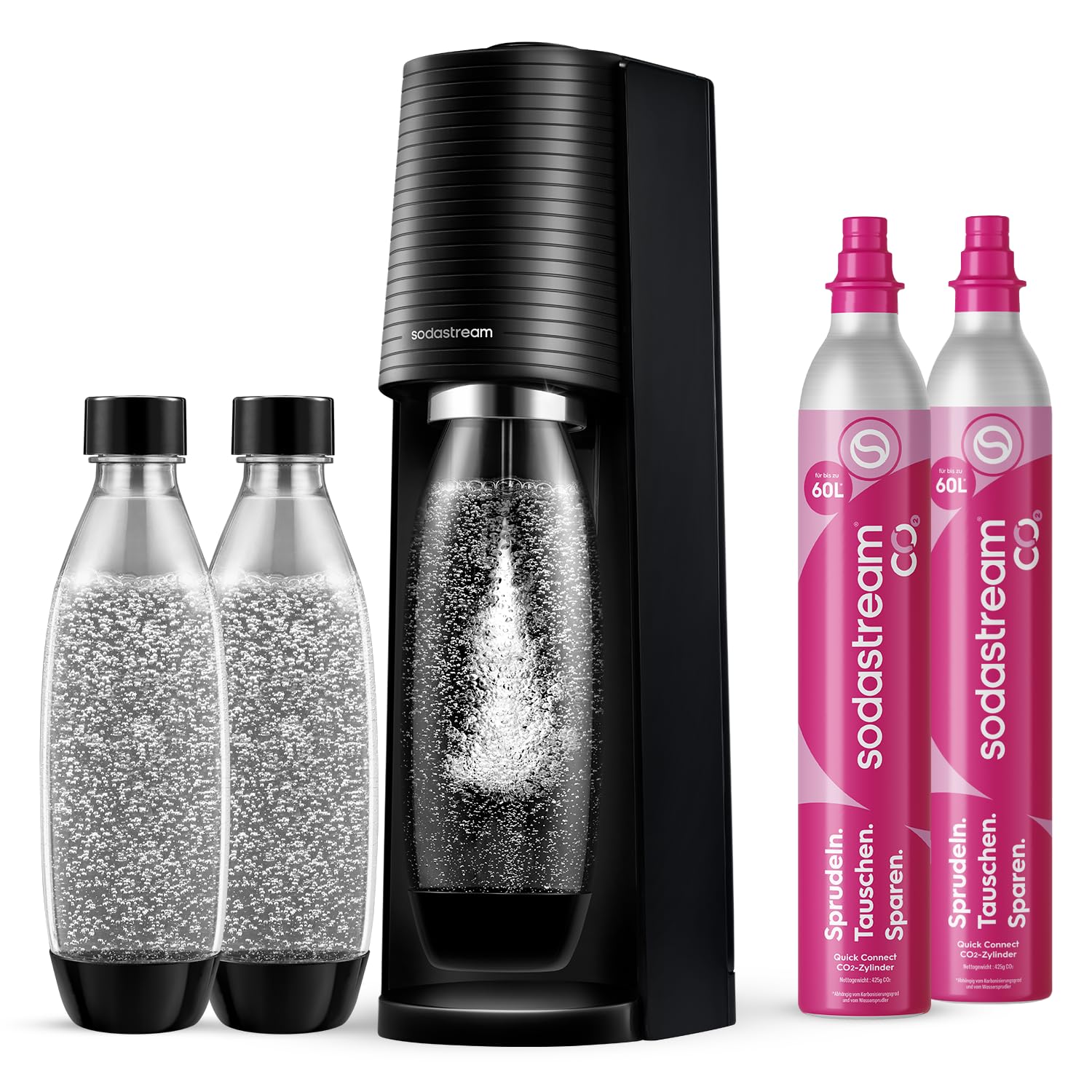 Sodastream - Terra Wassersprudler, Quick Connect Zylindersystem, mit 2x 60L CO2-Zylinder, 3x BPA-freie 1L Flasche, spülmaschinengeeignet, Nachhaltig & reduziert Einwegplastikmüll, schwarz