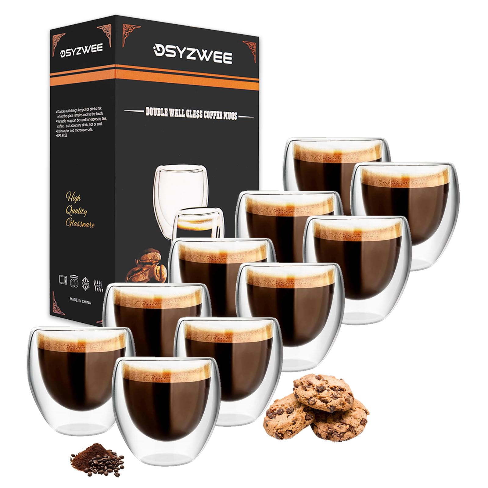 DSYZWEE Double Wall Borosilicate Glass Espresso Cups, Espresso Cup Set (10 x 80ml), Latte Glass Caffee Cups, Handcrafted Artisan - Strong, Borosilicate Heat Resistant