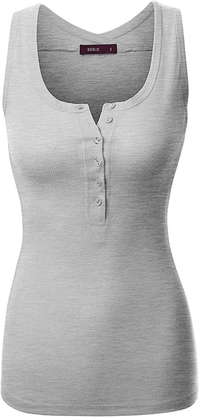 Doublju Women Basic Designed Casual Button Down Long Tank Top (Plus HeatherGray Medium
