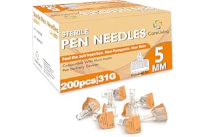 CareLiving 200 Count Insulin Pen Needle 31G 5 mm (3/16”), Universal Fit Compatible with Most Pen Injector Device, Ultra-Thin for Comfortable Insulin Injection