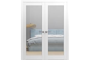 SARTODOORS Solid French Double Doors 48 x 96 inches Clear Glass Transparent | Lucia 2166 Matte White | Wood Solid Panel Frame Trims | Closet Bedroom Sturdy Doors
