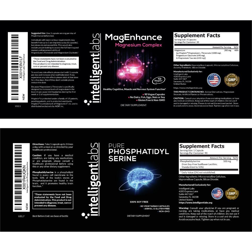 Intelligent Labs 2-in-1 Bundle of MagEnhance Triple Magnesium Complex (Magnesium L-Threonate, Glycinate, and Taurate) + Pure Phosphatidylserine 100mg, GMO and Soy-Free, 30-Day Supply Each