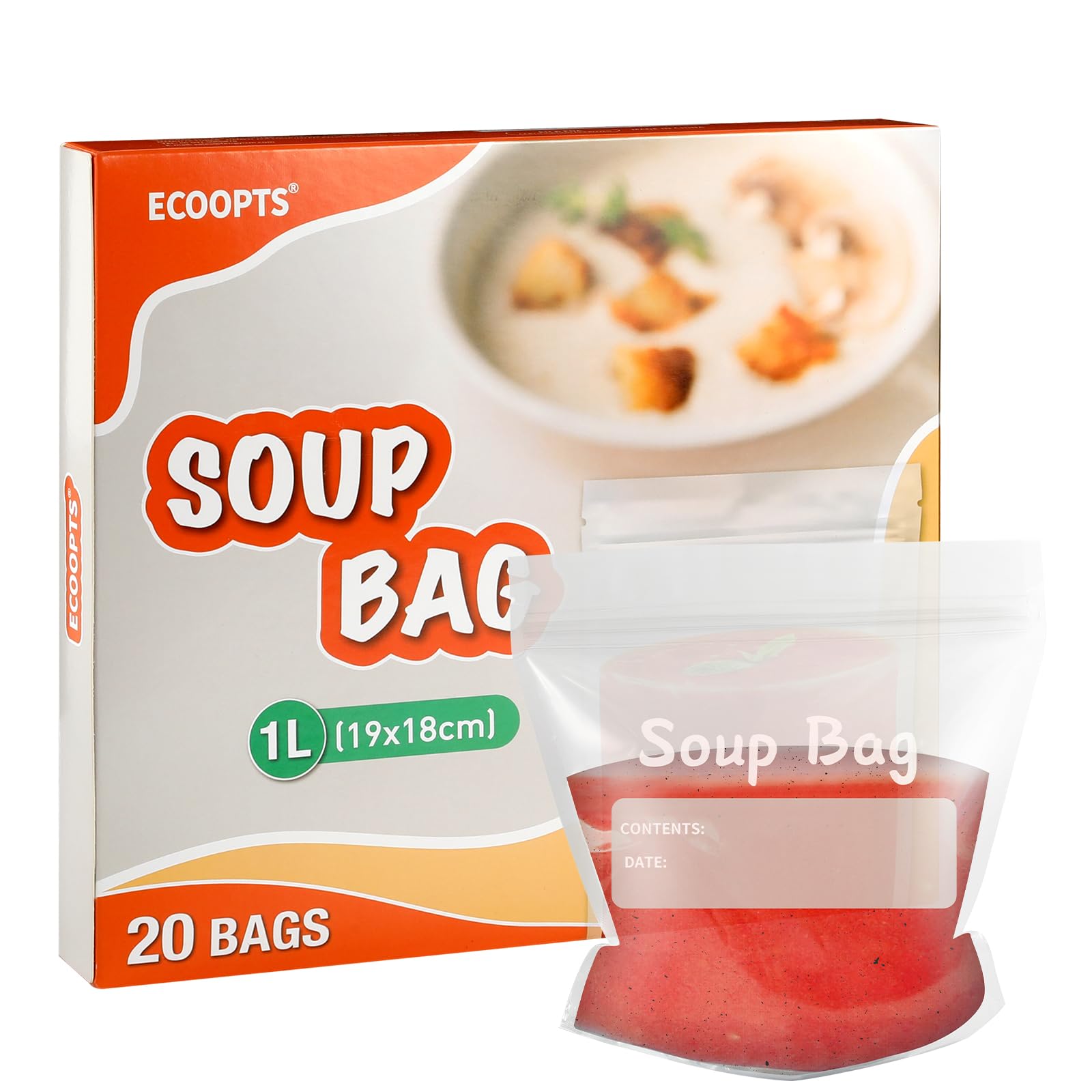 ECOOPTS Sealed Freezer Storage Bags 1 Litre Reusable Soup & Sauce Liquid Bags (Pack of 20)