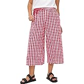 Flygo Women’s Wide Leg Gingham Capri Pants Cotton Elastic Waisted Plaid Palazzo Bottoms Flowy Trousers with Pockets