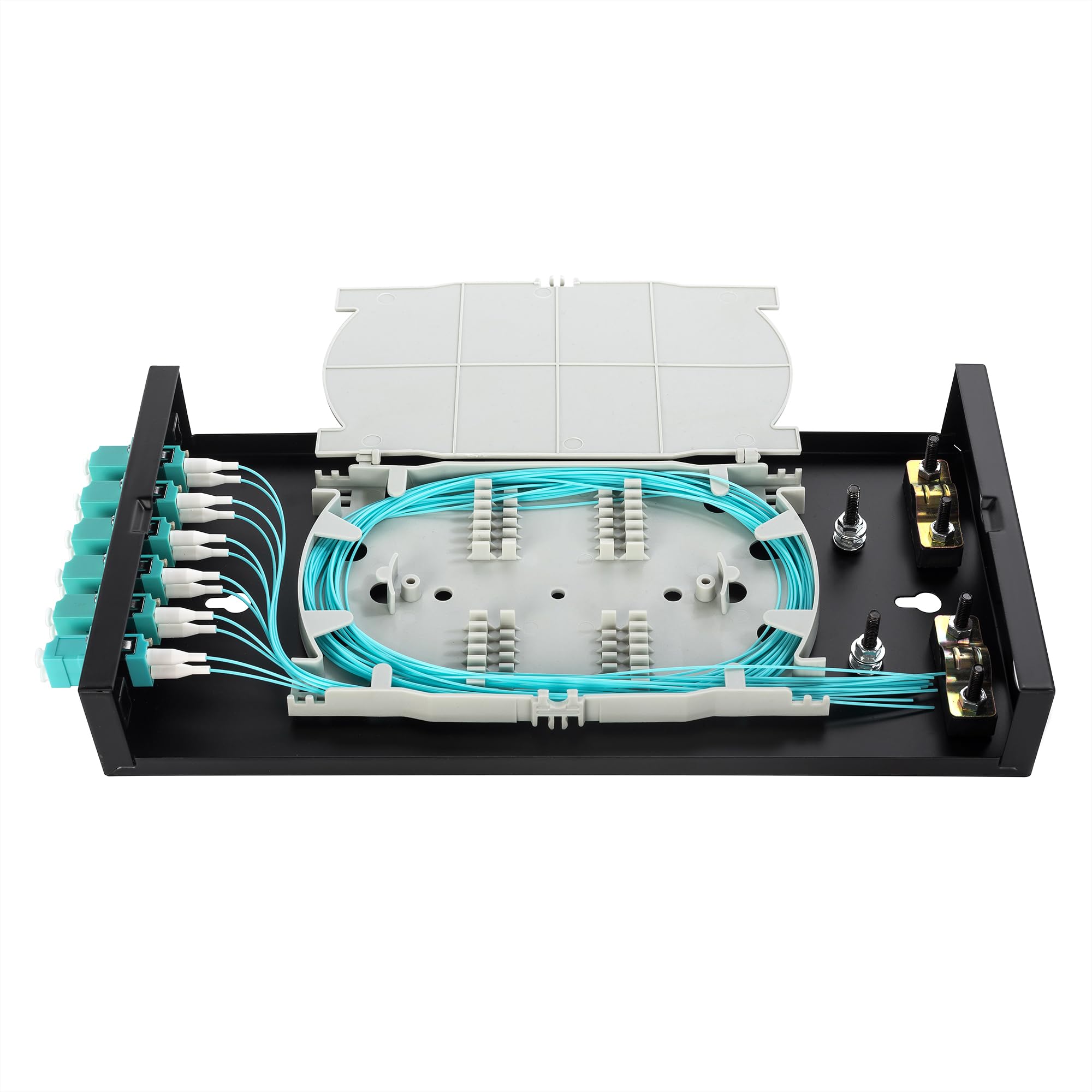 Photo 1 of Optic Fiber Termination Box 6 Ports LC mutilmode 12 cores Wall Mount Fiber Enclosure with Spool (Includes 1Meter 12 Strand LC OM3 Pigtails, Duplex adaptors and Splicing Tray
