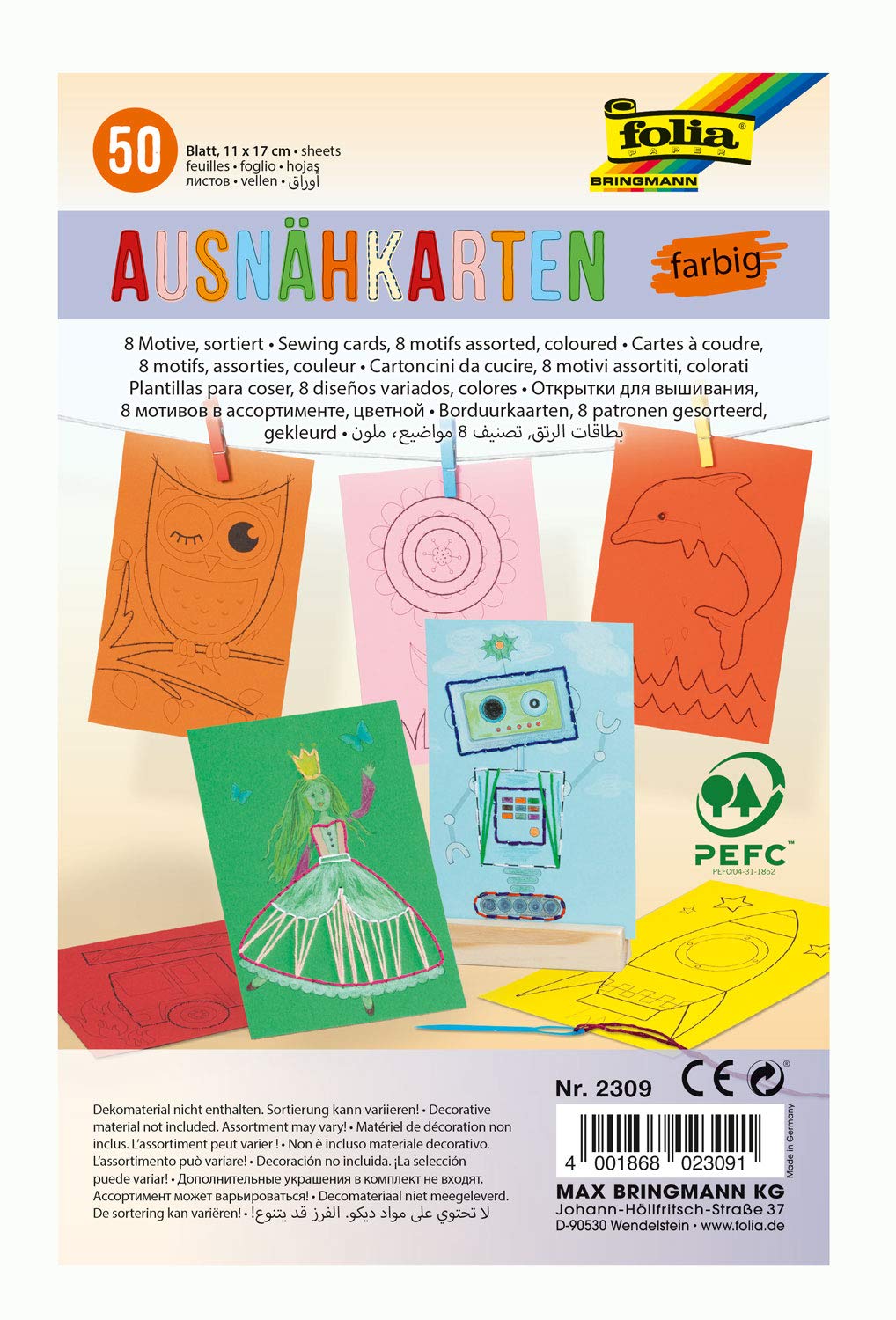 folia 2309 Sewing Cards Assorted Colours with 8 Designs Printed on One Side, 50 Sheets, Approx. 11 x 17 cm, for Colouring and Sewing, Ideal for Children, Boys and Girls, for Beginning Handmade