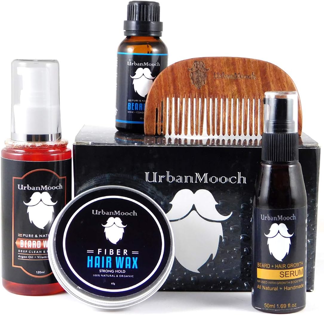 UrbanMooch Beard Grooming Kit For Men - Beard Growth Serum, Beard Oil, Beard Wash, Shisham Wood Comb - Set of 5