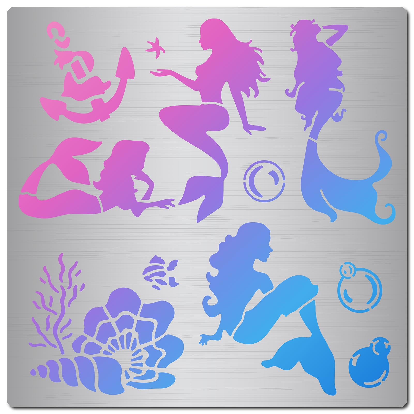 GORGECRAFT 6.3 Inch Mermaid Stencils Square Metal Fairy Pattern Stencil Decoration Ocean Theme Anchor Conch Template Stainless Steel for Painting on Wood Burning Pyrography Engraving
