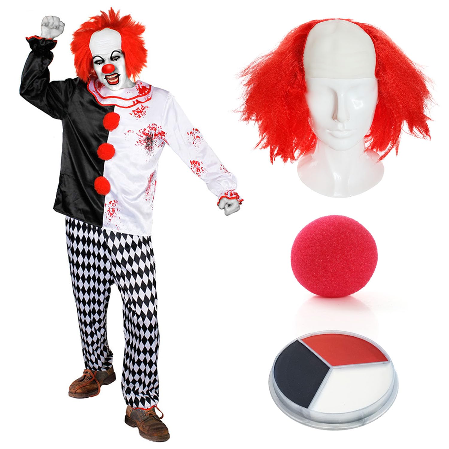Adults Scary Clown Costume - Medium - Tunic, Trousers, Red Wig, Nose, Facepaint - Horror Fancy Dress For Halloween